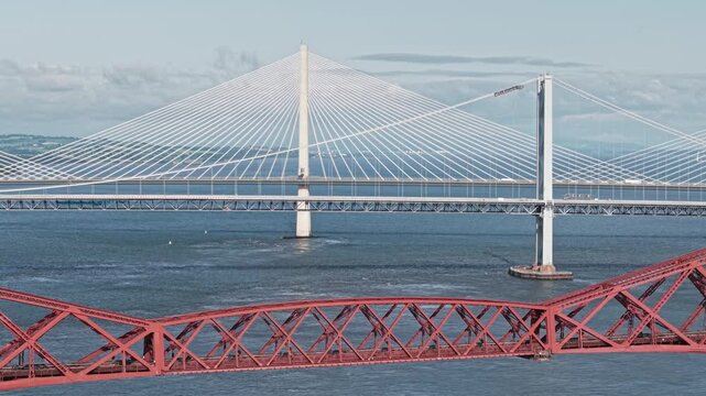 Aerial view of Scotland&rsquo;s Firth of Forth bridges: Forth Rail Bridge & Queensferry Crossing