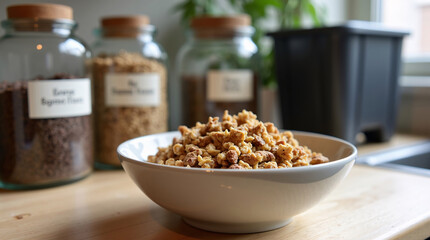 Healthy breakfast with granola from banana peel flour and spent coffee — food reuse and circular nutrition at home