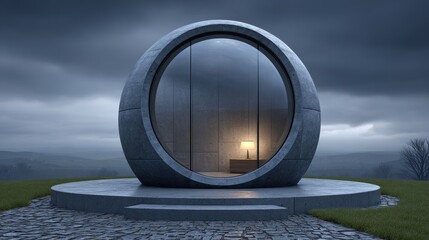 Modern tiny house inside glowing orb a happy home for life protection insurance loan insights in a serene landscape