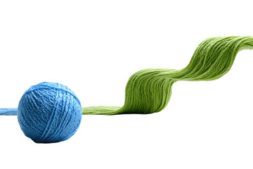 Abstract yarn design, light blue ball of yarn connected to a flowing green strand