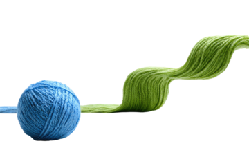Abstract yarn design, light blue ball of yarn connected to a flowing green strand