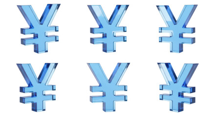 Obraz premium Six transparent blue Yen symbols arranged on white backdrop representing currency exchange global finance and economic transactions