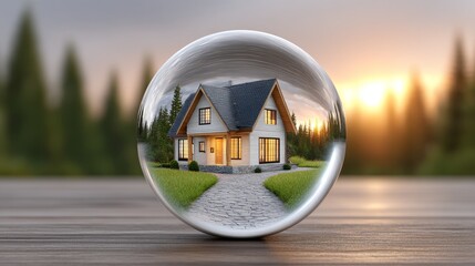 Protect your happy home life insurance and loan safety under a transparent globe in nature's embrace