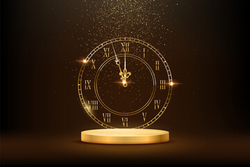Happy New Year greeting card vector background. Gold clock face with midnight time, falling confetti, glow light effects and golden podium on black. Luxury festive horizontal greeting card, banner.