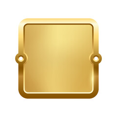 Blank golden nameplate plaque with screw holes. Metallic square label for engraving, signage, awards, door signs. Realistic vector illustration.