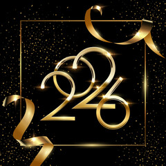 2026 Happy New Year greeting card vector illustration. Festive Christmas social media banner. Golden numbers 2026 with sparkling confetti and ribbons on elegant black backdrop.