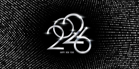 2026 Happy New Year greeting card vector illustration. Festive Christmas social media banner. Silver numbers 2026 on elegant halftone black background.