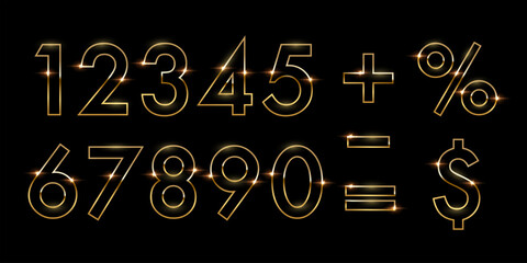 Golden outline numbers on black background. Set of gold 3d metal numbers for promotion, party, holiday, postcard, banner. Realistic vector illustration.