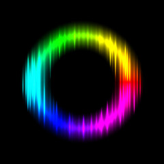 Glowing rainbow ring. Colorful circular light wave on black background with vibrant neon spectrum and audio waveform style. Abstract vector illustration for design, tech, sound and visual effects.