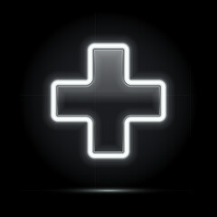 White neon medical cross sign. Glowing pharmacy or healthcare symbol on dark background. Bright illuminated plus icon for clinic, hospital, or drugstore. 3D realistic vector illustration