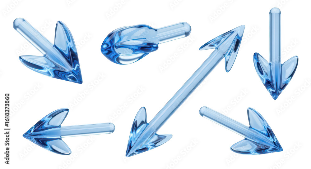 Poster several transparent glass arrows pointing in different directions on a white background indicating c