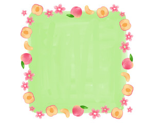 桃 水彩手描きイラスト 緑 フルーツフレーム