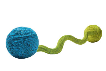 Abstract image of a textured blue sphere connected to a flowing, yellow-green tendril