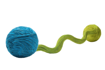 Abstract image of a textured blue sphere connected to a flowing, yellow-green tendril