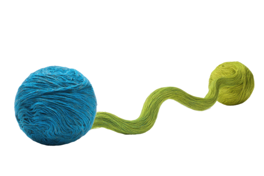 Abstract image of a textured blue sphere connected to a flowing, yellow-green tendril