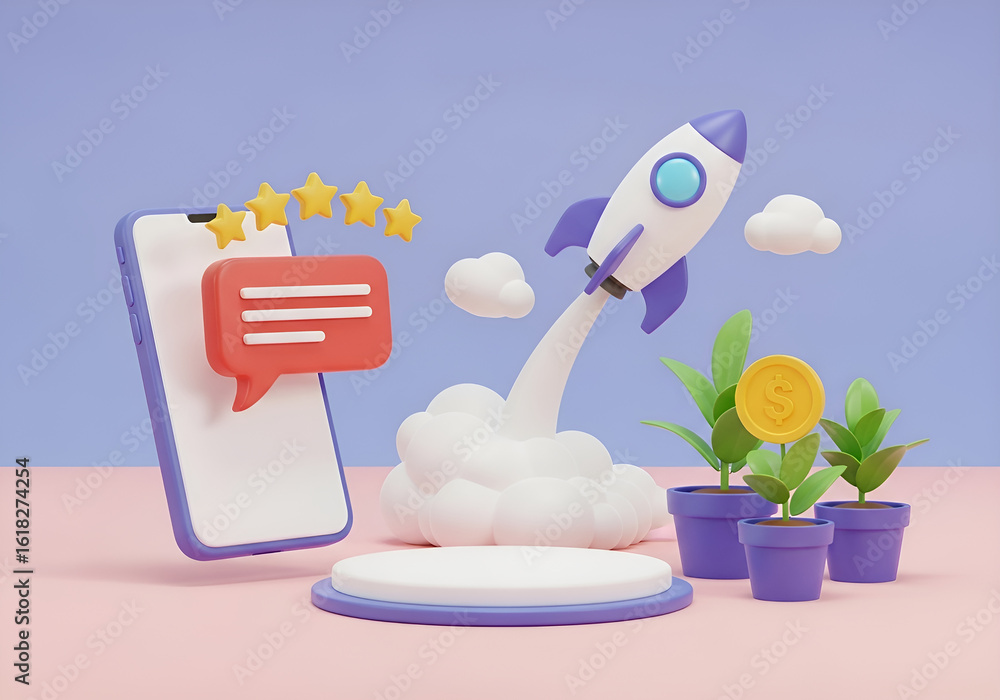 Poster 3d rendering conceptual image 3d illustration of a rocket launching from a mobile phone with stars a