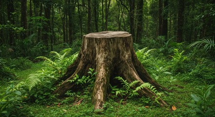 A weathered tree stump, center framed, sits amidst vibrant ferns and lush greenery in a dense, shadowed forest setting. The surrounding trees create a natural, serene backdrop