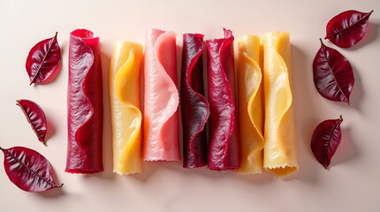 Flat lay of zero-waste fruit leather made from apple and beetroot scraps — sustainable homemade snack photography