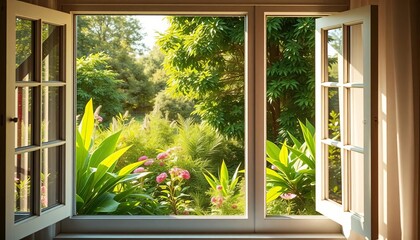 A sunlit window reveals a lush green garden backdrop, light, background