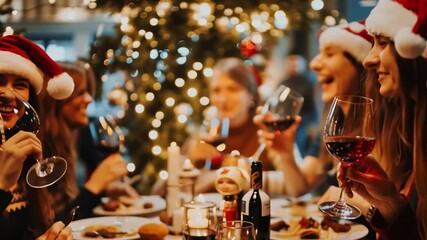 A family or group of friends celebrating on Christmas day. - Powered by Adobe