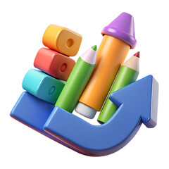 Colorful school supplies stacked on a blue arrow isolated on transparent background