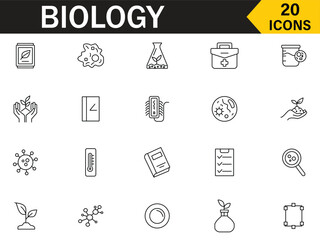 Biology related icon set. Set of 20 icons related to science, scientific, laboratory, research, biochemistry and more outline symbol. Editable stroke flat style icons collection. Vector illustration.