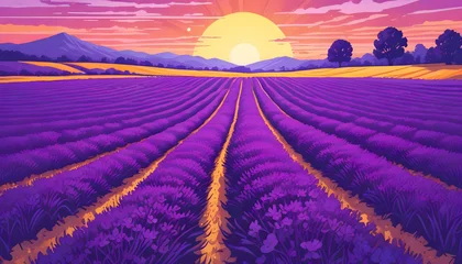 Gordijnen a vast lavender field under a breathtaking sunset, with rows of vibrant purple leading to a large golden sun and distant mountains, creating a serene and captivating landscape © Olena Liulko