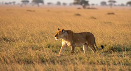 A golden-hued lioness strides through tall, dry savanna grass at sunset. The soft light casts long shadows, with blurred trees on the horizon