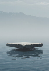 Fototapeta premium Floating Stone Podium on Water with Misty Mountains Background