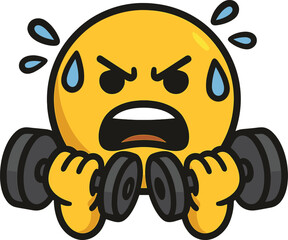 Fototapeta premium Angry emoji sweating while lifting dumbbells in gym, energetic flat cartoon vector