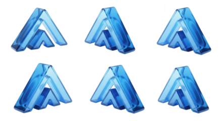 Six identical blue glass letter A shapes displayed on a white surface showcasing a pattern and potential for design use