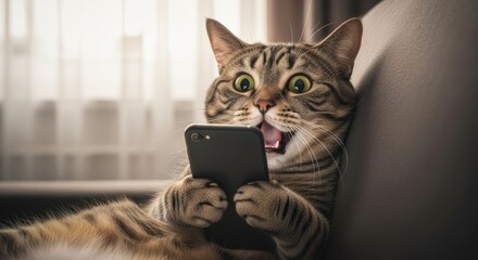 Surprised tabby cat staring at smartphone screen indoors