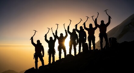 Climbers Celebrate Victory at Mountain Summit During Sunrise