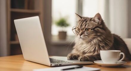 Fluffy Cat Wearing Glasses Working At Laptop Desk