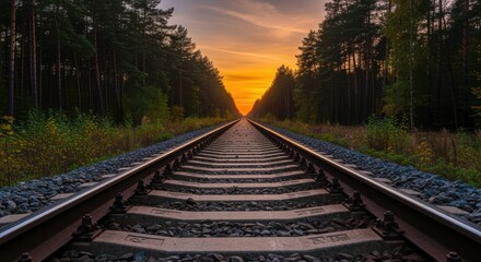 Railway Tracks Stretching Through Forest at Sunset