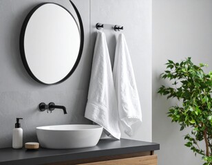 A soft white towel hangs on a sleek black hook against a matte grey wall.