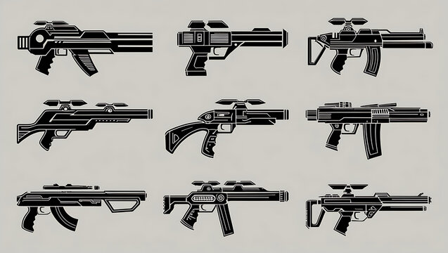 Grid of eight sleek sci‑fi weapons: four blasters above, four patterned rifles below in monochrome&rdquo;