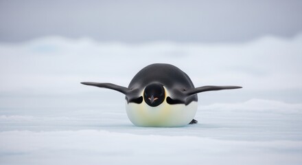 Emperor Penguin Sliding on Antarctic Snowy Icy Surface