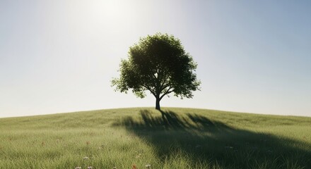 Lone Tree Stands on Sunny Grassy Hilltop