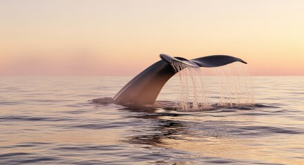 Whale tail emerges from calm ocean at sunset