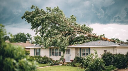 Fototapeta premium Fallen tree on a residential house after a storm.