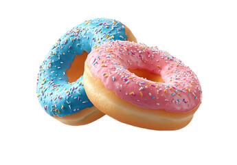 Two glazed donuts, one blue, one pink, topped with colorful sprinkles, stacked atop each other