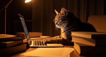 Cat Concentrates on Laptop Surrounded by Books at Night