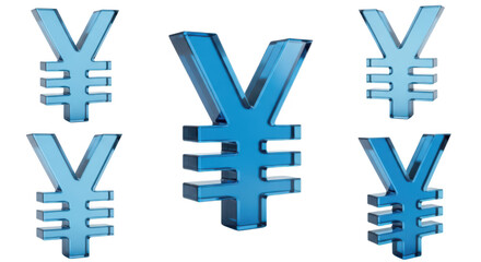 Obraz premium Blue 3D Japanese Yen symbols arranged on a white backdrop for financial concepts and economic illustrations