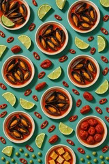 Flat-lay pattern of mussels in tomato sauce with sliced chili, lime wedges, peas, and dried dates on a bold teal background.