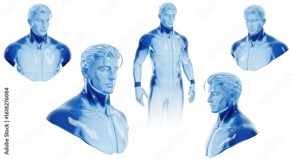 Poster translucent man's multiple poses showcase futuristic sci-fi design isolated on white potential for 3