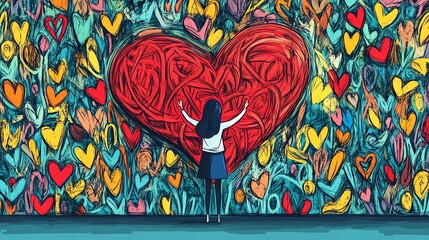 Cartoon Character Untangling Heart Doodle with Colorful Scribbles