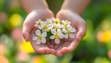 Childs Hands Holding Spring Flowers  Kindness and Caring Concept