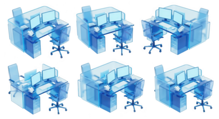 Transparent blue 3D office desks on white computer displays chairs servers and phones visible representing data analysis or digital design