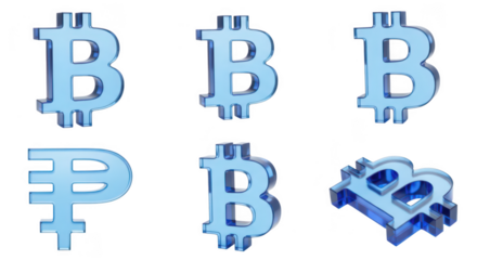 Six translucent digital currency symbols including Bitcoin and Ruble isolated on white representing finance investment and digital assets
